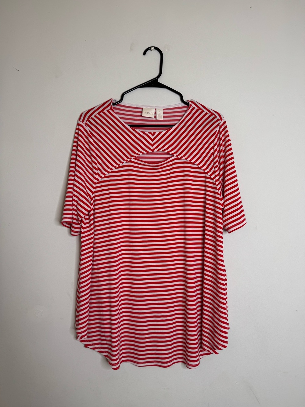 Chico's Red and White Striped Short Sleeve Cutout Tee